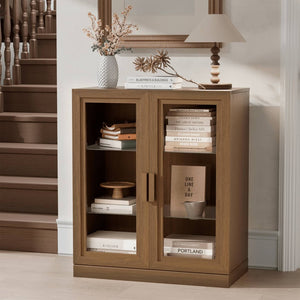 HomeRoots 31" Brown Wood Accent Cabinet – Stylish Storage Solution with Glass Doors for Home & Office Décor 691110