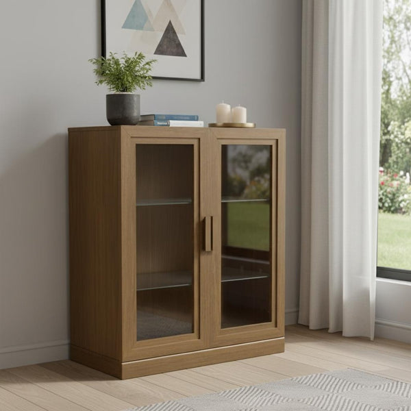 HomeRoots 31" Brown Wood Accent Cabinet – Stylish Storage Solution with Glass Doors for Home & Office Décor 691110