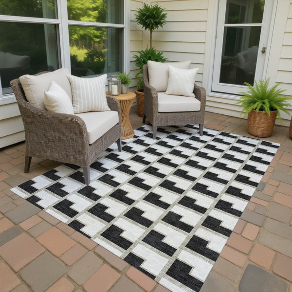 HomeRoots 5' X 8' Black and Ivory Geometric Washable Area Rug – Durable, Stylish Design for Indoor & Outdoor Use 691123
