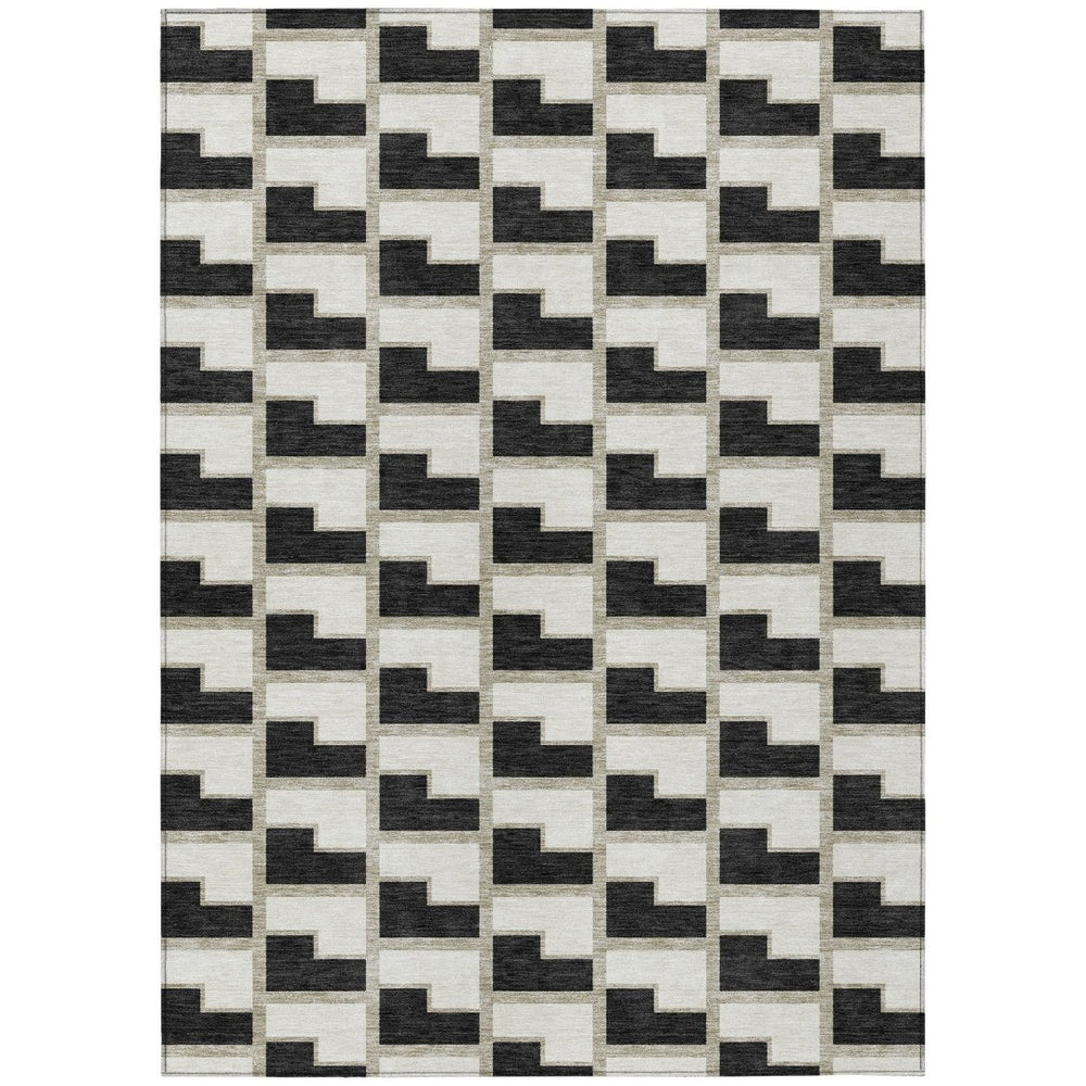 HomeRoots 5' X 8' Black and Ivory Geometric Washable Area Rug – Durable, Stylish Design for Indoor & Outdoor Use 691123