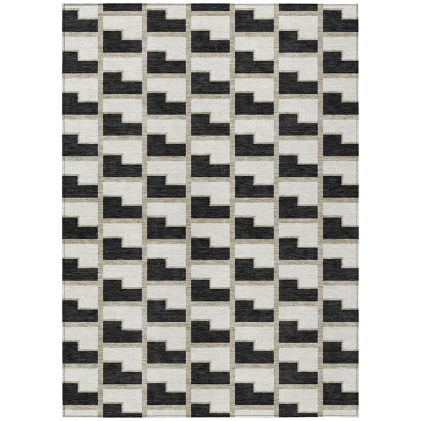 HomeRoots 5' X 8' Black and Ivory Geometric Washable Area Rug – Durable, Stylish Design for Indoor & Outdoor Use 691123