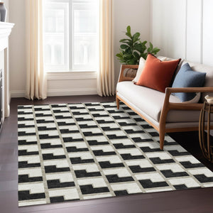 HomeRoots 5' X 8' Black and Ivory Geometric Washable Area Rug – Durable, Stylish Design for Indoor & Outdoor Use 691123