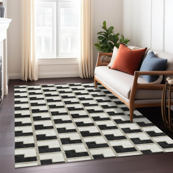 HomeRoots 5' X 8' Black and Ivory Geometric Washable Area Rug – Durable, Stylish Design for Indoor & Outdoor Use 691123
