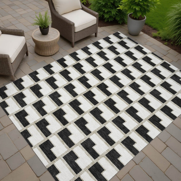 HomeRoots 5' X 8' Black and Ivory Geometric Washable Area Rug – Durable, Stylish Design for Indoor & Outdoor Use 691123