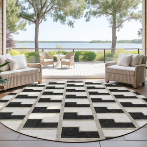 HomeRoots 8' Black and Ivory Round Washable Geometric Area Rug – Modern Indoor/Outdoor Style for Any Space 691124