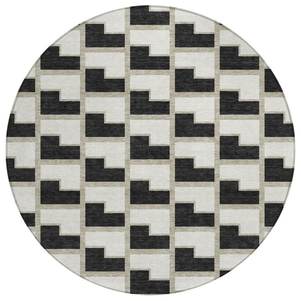 HomeRoots 8' Black and Ivory Round Washable Geometric Area Rug – Modern Indoor/Outdoor Style for Any Space 691124