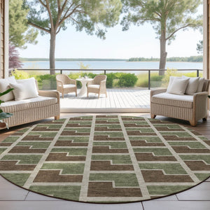 HomeRoots 8' Round Geometric Washable Area Rug in Chocolate, Olive Green & Beige - Stylish & Durable Design! 691130