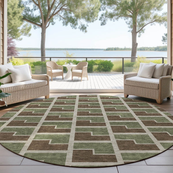 HomeRoots 8' Round Geometric Washable Area Rug in Chocolate, Olive Green & Beige - Stylish & Durable Design! 691130
