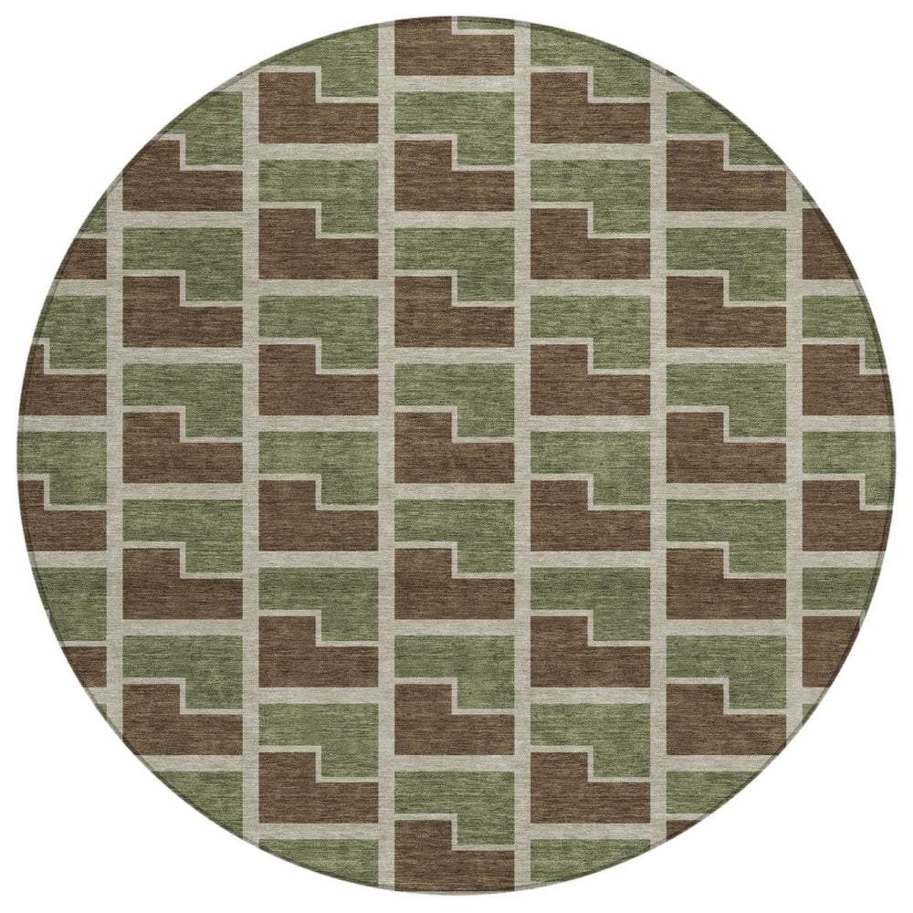 HomeRoots 8' Round Geometric Washable Area Rug in Chocolate, Olive Green & Beige - Stylish & Durable Design! 691130