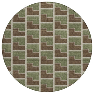 HomeRoots 8' Round Geometric Washable Area Rug in Chocolate, Olive Green & Beige - Stylish & Durable Design! 691130