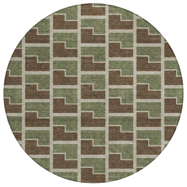 HomeRoots 8' Round Geometric Washable Area Rug in Chocolate, Olive Green & Beige - Stylish & Durable Design! 691130