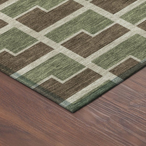 HomeRoots 8' Round Geometric Washable Area Rug in Chocolate, Olive Green & Beige - Stylish & Durable Design! 691130