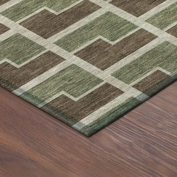 HomeRoots 8' Round Geometric Washable Area Rug in Chocolate, Olive Green & Beige - Stylish & Durable Design! 691130