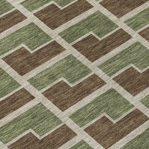 HomeRoots 8' Round Geometric Washable Area Rug in Chocolate, Olive Green & Beige - Stylish & Durable Design! 691130
