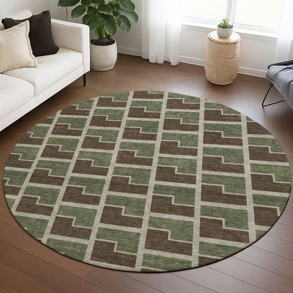 HomeRoots 8' Round Geometric Washable Area Rug in Chocolate, Olive Green & Beige - Stylish & Durable Design! 691130