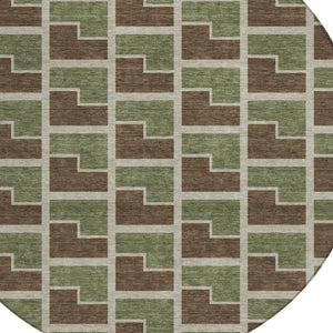 HomeRoots 8' Round Geometric Washable Area Rug in Chocolate, Olive Green & Beige - Stylish & Durable Design! 691130