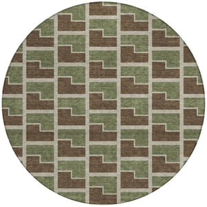HomeRoots 8' Round Geometric Washable Area Rug in Chocolate, Olive Green & Beige - Stylish & Durable Design! 691130