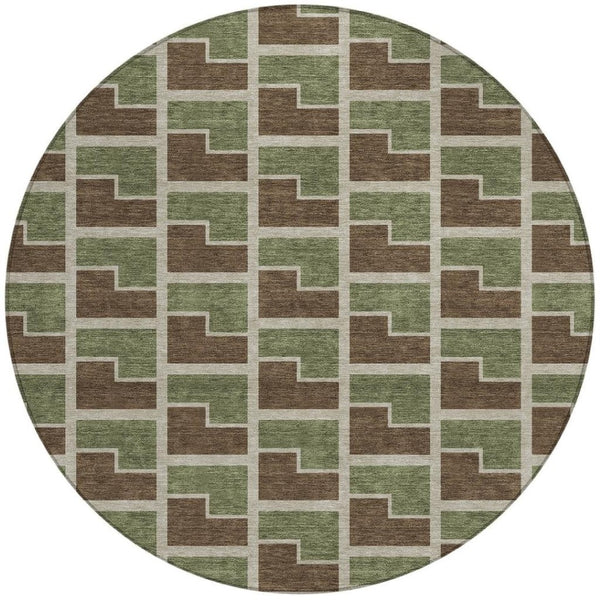HomeRoots 8' Round Geometric Washable Area Rug in Chocolate, Olive Green & Beige - Stylish & Durable Design! 691130