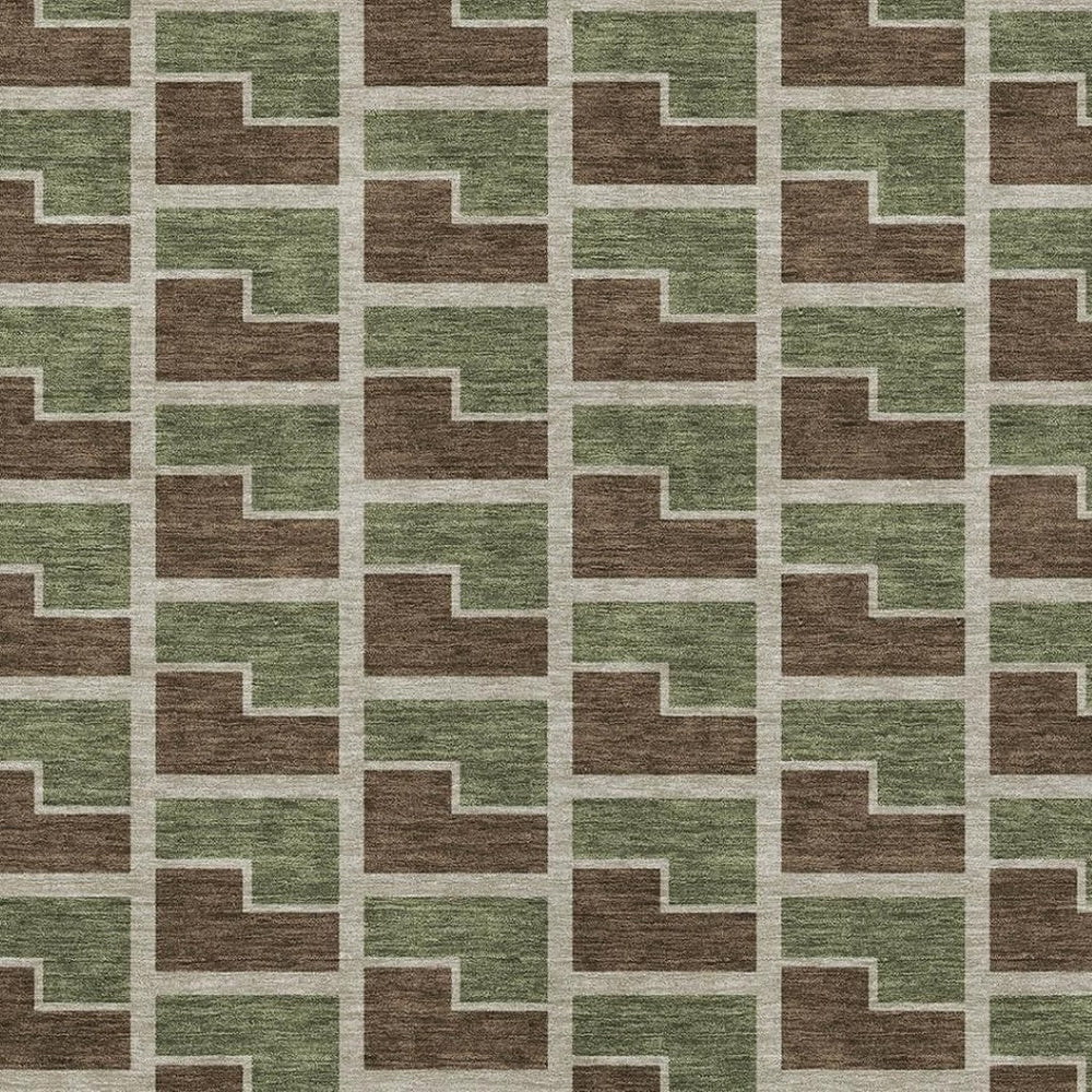 HomeRoots 9' X 12' Stylish Geometric Washable Area Rug in Chocolate, Olive Green & Beige for Indoors & Outdoors 691132