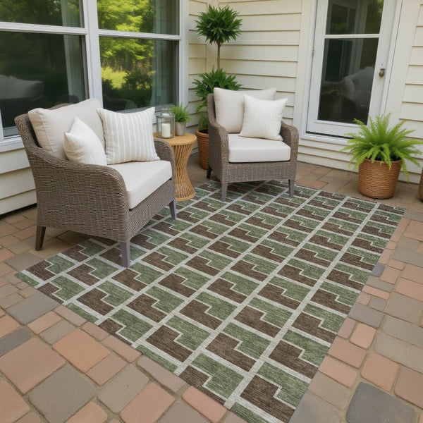 HomeRoots 9' X 12' Stylish Geometric Washable Area Rug in Chocolate, Olive Green & Beige for Indoors & Outdoors 691132