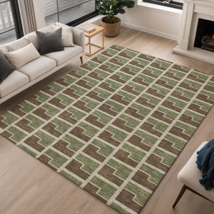 HomeRoots 9' X 12' Stylish Geometric Washable Area Rug in Chocolate, Olive Green & Beige for Indoors & Outdoors 691132