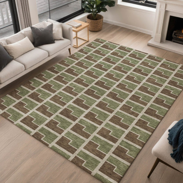 HomeRoots 9' X 12' Stylish Geometric Washable Area Rug in Chocolate, Olive Green & Beige for Indoors & Outdoors 691132