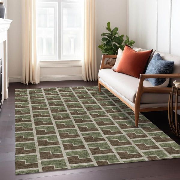 HomeRoots 10' Geometric Washable Indoor/Outdoor Area Rug in Chocolate, Olive Green & Beige - Durable & Stylish 691133