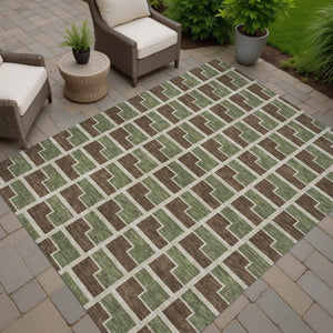 HomeRoots 10' Geometric Washable Indoor/Outdoor Area Rug in Chocolate, Olive Green & Beige - Durable & Stylish 691133