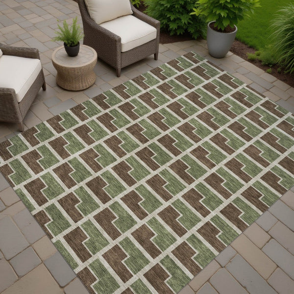HomeRoots 10' Geometric Washable Indoor/Outdoor Area Rug in Chocolate, Olive Green & Beige - Durable & Stylish 691133