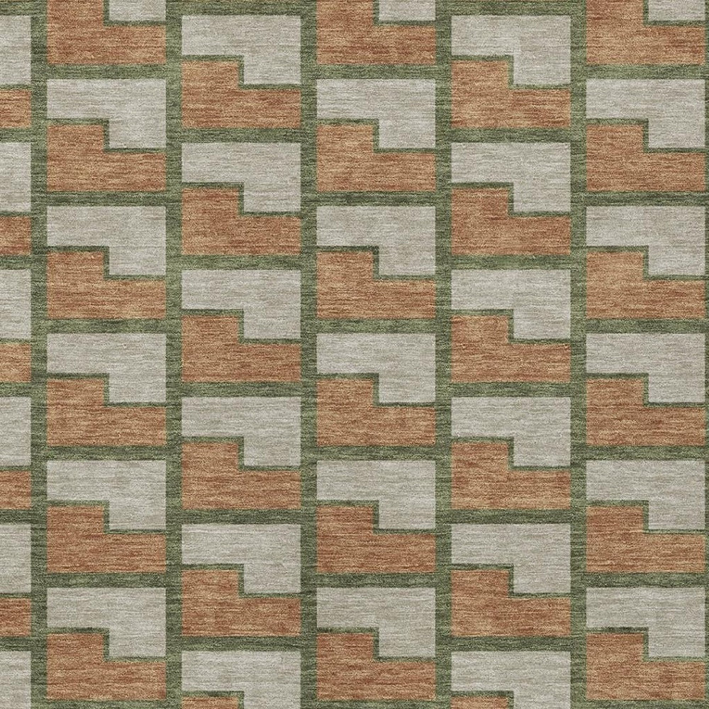 HomeRoots 5' Stylish Copper Beige & Olive Green Geometric Area Rug – Washable Indoor/Outdoor Essentials! 691135