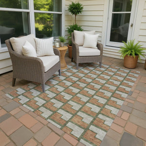 HomeRoots 5' Stylish Copper Beige & Olive Green Geometric Area Rug – Washable Indoor/Outdoor Essentials! 691135
