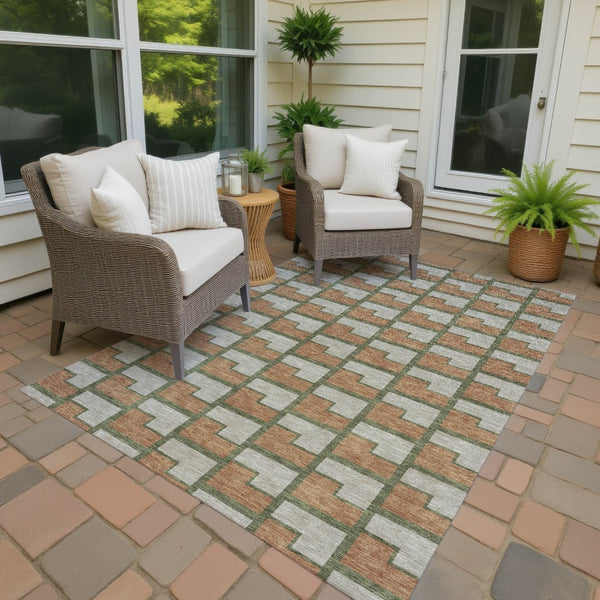 HomeRoots 5' Stylish Copper Beige & Olive Green Geometric Area Rug – Washable Indoor/Outdoor Essentials! 691135