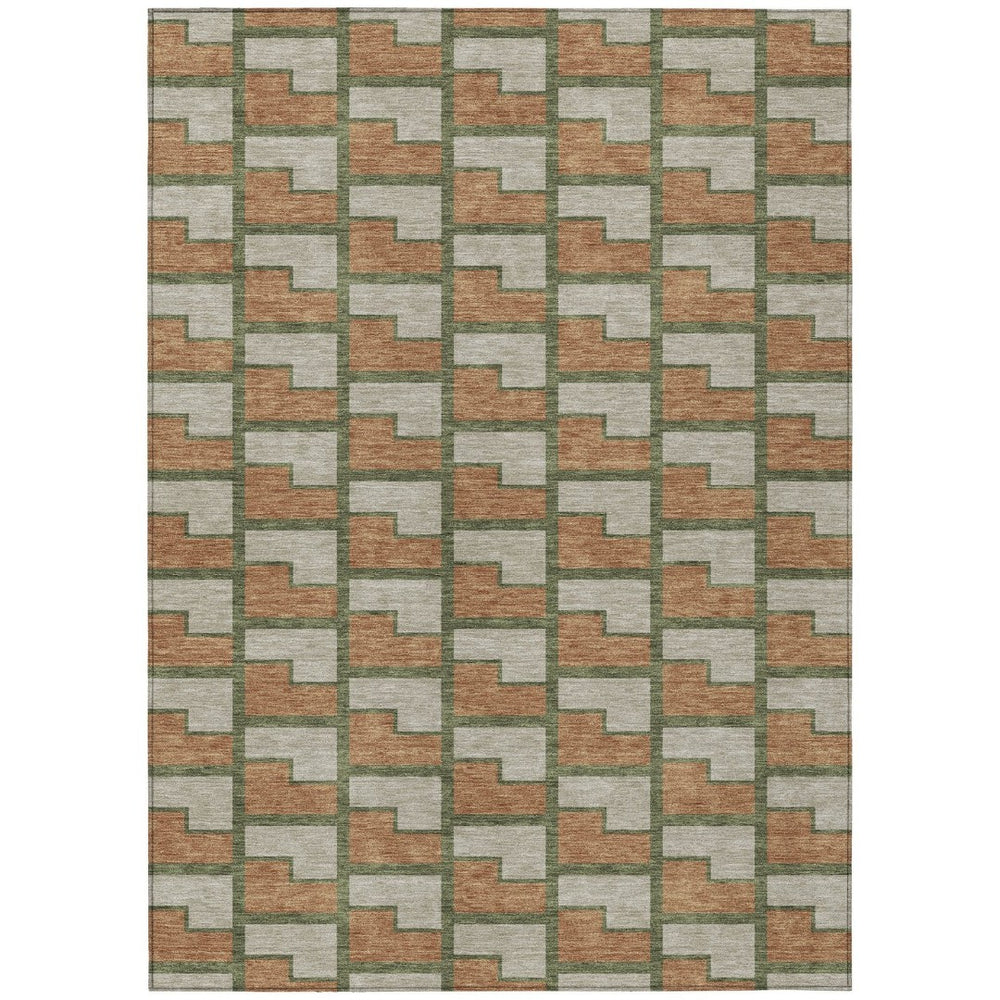 HomeRoots 5' Stylish Copper Beige & Olive Green Geometric Area Rug – Washable Indoor/Outdoor Essentials! 691135