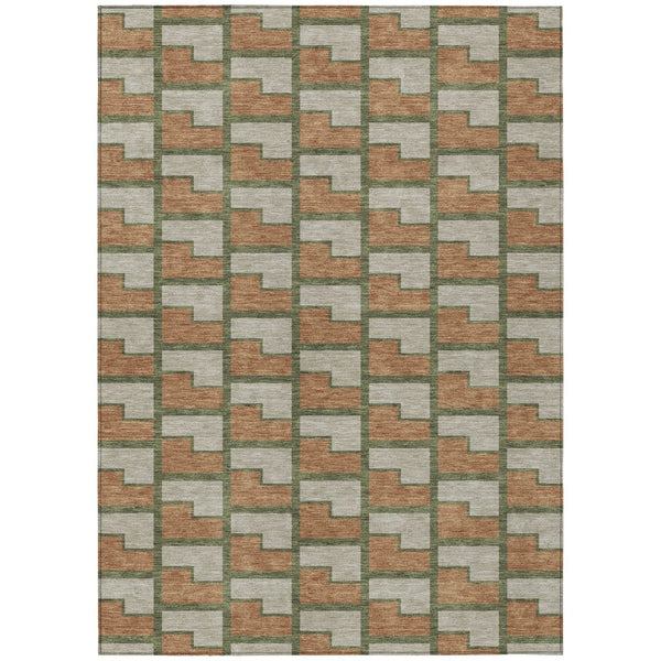 HomeRoots 5' Stylish Copper Beige & Olive Green Geometric Area Rug – Washable Indoor/Outdoor Essentials! 691135