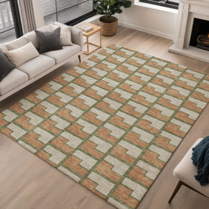 HomeRoots 5' Stylish Copper Beige & Olive Green Geometric Area Rug – Washable Indoor/Outdoor Essentials! 691135