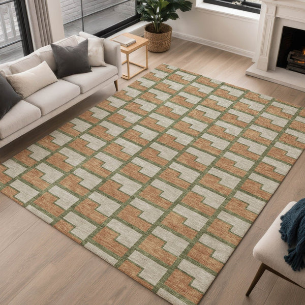 HomeRoots 5' Stylish Copper Beige & Olive Green Geometric Area Rug – Washable Indoor/Outdoor Essentials! 691135