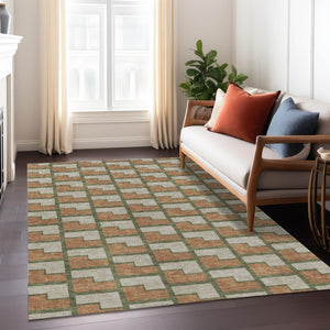 HomeRoots 5' Stylish Copper Beige & Olive Green Geometric Area Rug – Washable Indoor/Outdoor Essentials! 691135