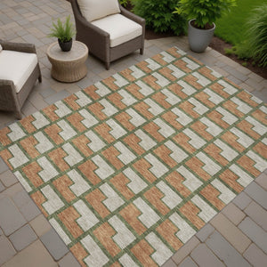 HomeRoots 5' Stylish Copper Beige & Olive Green Geometric Area Rug – Washable Indoor/Outdoor Essentials! 691135