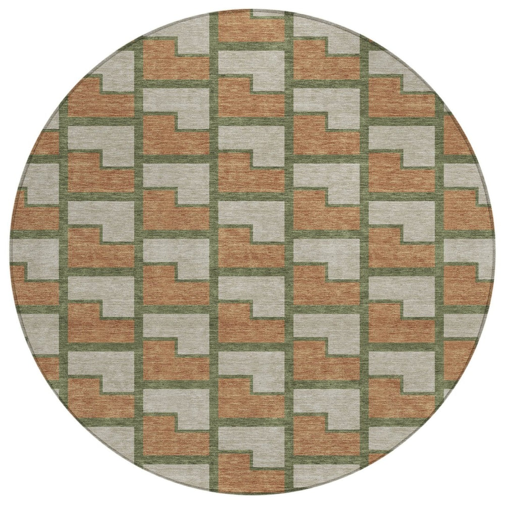 HomeRoots 8' Stylish Copper Beige and Olive Green Round Geometric Washable Rug for Indoor & Outdoor Spaces 691136