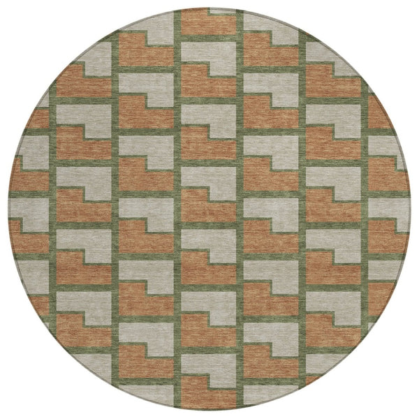HomeRoots 8' Stylish Copper Beige and Olive Green Round Geometric Washable Rug for Indoor & Outdoor Spaces 691136