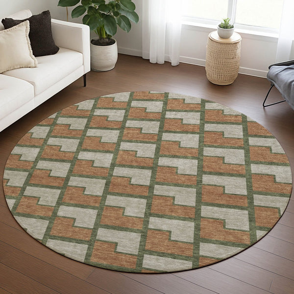 HomeRoots 8' Stylish Copper Beige and Olive Green Round Geometric Washable Rug for Indoor & Outdoor Spaces 691136