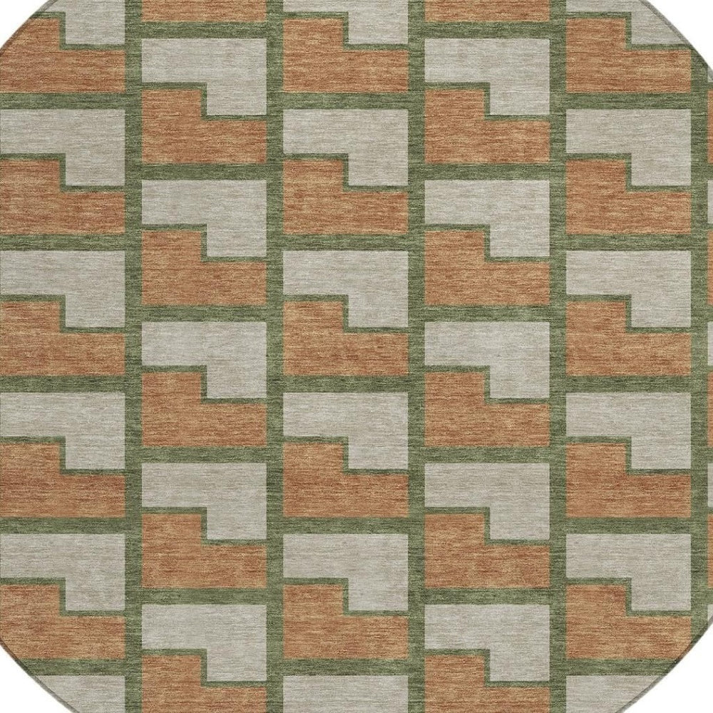 HomeRoots 8' Stylish Copper Beige and Olive Green Round Geometric Washable Rug for Indoor & Outdoor Spaces 691136