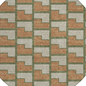 HomeRoots 8' Stylish Copper Beige and Olive Green Round Geometric Washable Rug for Indoor & Outdoor Spaces 691136
