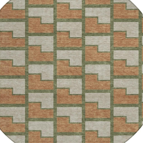 HomeRoots 8' Stylish Copper Beige and Olive Green Round Geometric Washable Rug for Indoor & Outdoor Spaces 691136