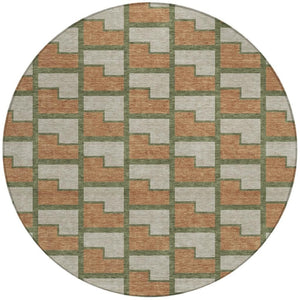 HomeRoots 8' Stylish Copper Beige and Olive Green Round Geometric Washable Rug for Indoor & Outdoor Spaces 691136