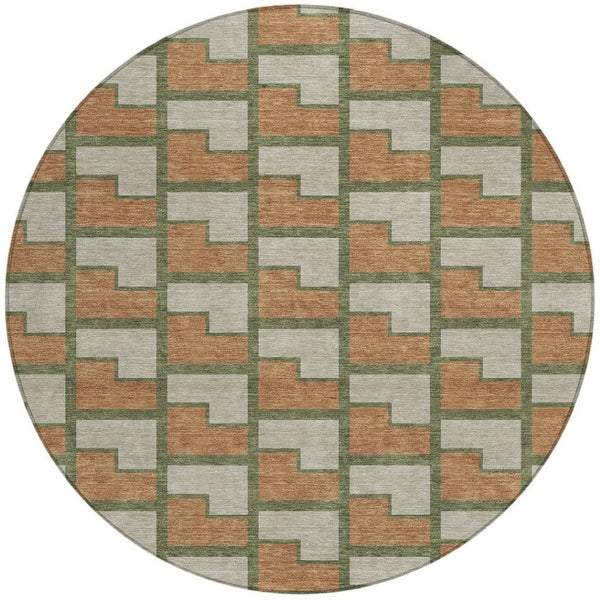 HomeRoots 8' Stylish Copper Beige and Olive Green Round Geometric Washable Rug for Indoor & Outdoor Spaces 691136