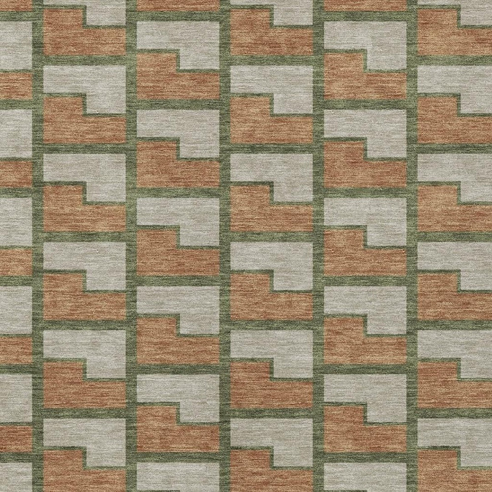 HomeRoots 10' X 14' Copper Beige & Olive Green Geometric Washable Rug for Indoor/Outdoor High-Traffic Use 691139