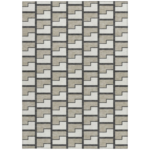 HomeRoots 5' Geometric Ivory and Charcoal Washable Area Rug – Stylish, Durable, Indoor/Outdoor Essential! 691141
