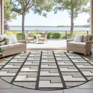 HomeRoots 8' Modern Geometric Ivory and Charcoal Round Area Rug – Washable, Durable for Indoor & Outdoor Use 691142