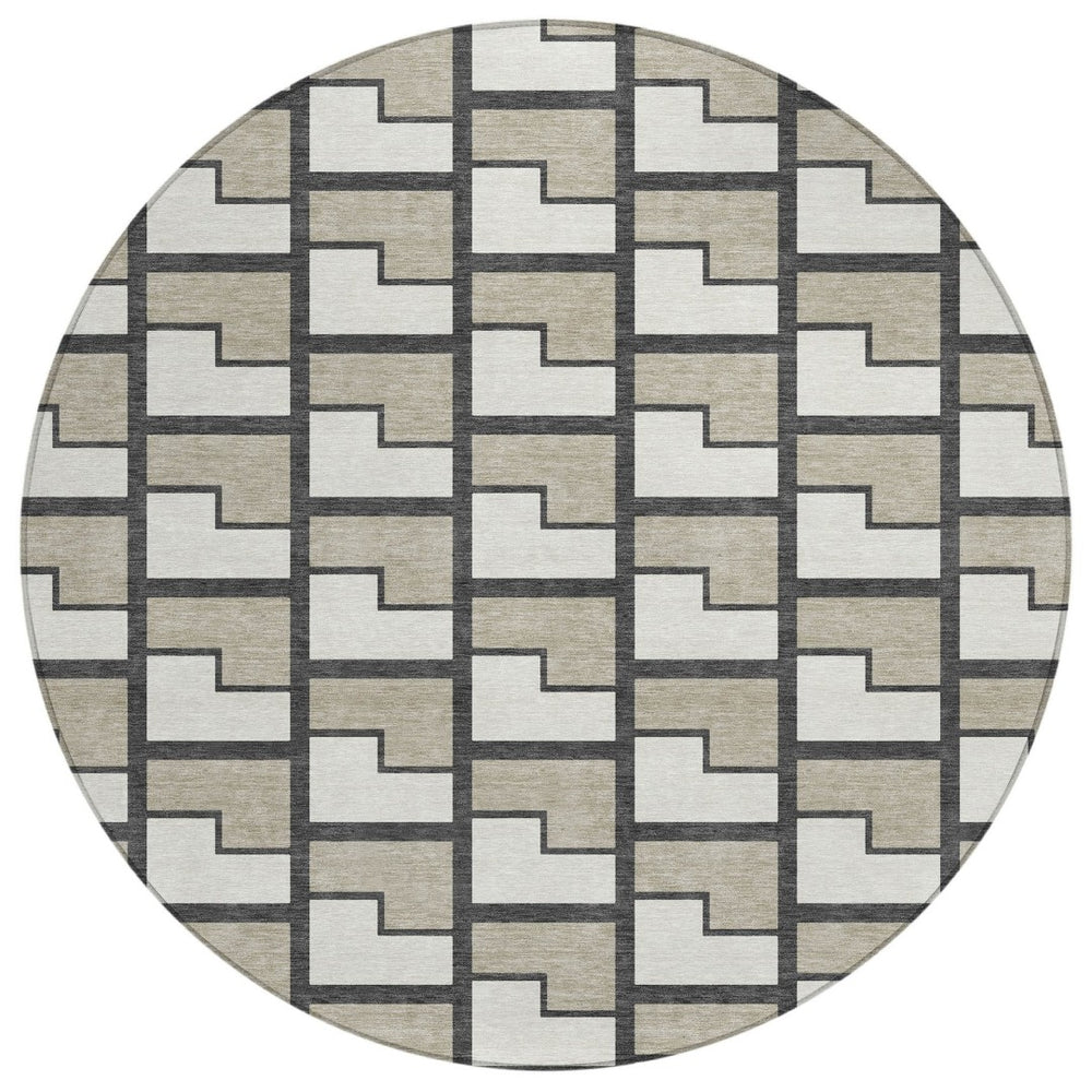 HomeRoots 8' Modern Geometric Ivory and Charcoal Round Area Rug – Washable, Durable for Indoor & Outdoor Use 691142